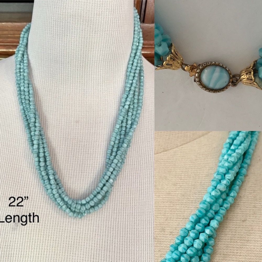 Vintage Antique Aqua glass bead necklace Multi strand 22” turquoise Blue beaded